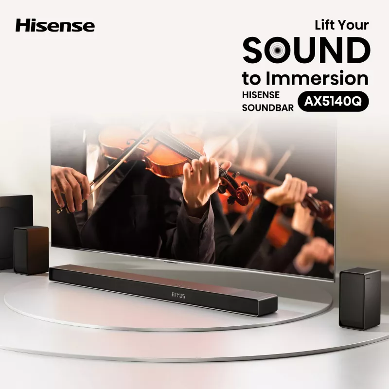 „Hisense AX5140Q“ garso juosta, 5.1.4, „Dolby Atmos“, 600 W RMS, belaidis žemų dažnių garsiakalbis 280 W, juoda