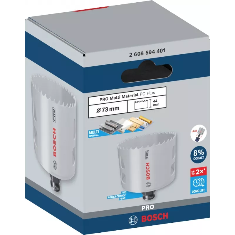 Bosch PRO Multi Material PC Plus, 44/73 mm, viengubas, grąžtas, gipso kartonas, metalas, spalvotieji metalai, plastikas, spygliuočių mediena, juoda, pilka, kobalto plienas, kobalto lydinio greitaeigis plienas (HSS-Co)