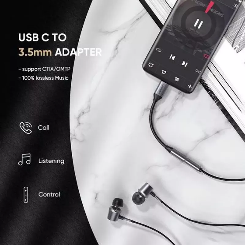 Mobiliojo telefono laidas Ugreen 30632 USB C į 3,5 mm, juodas