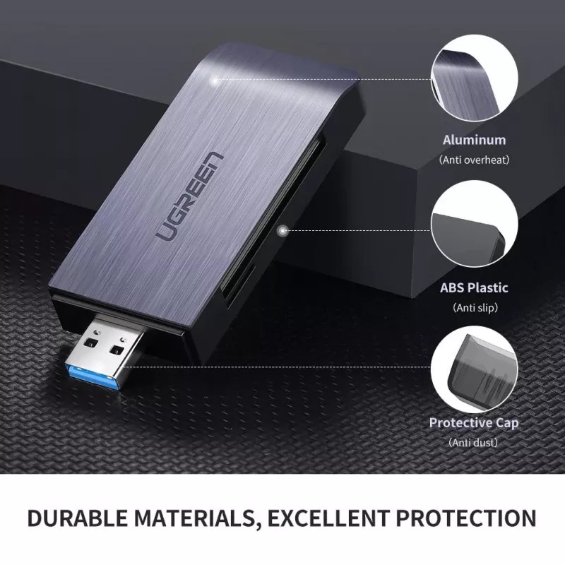 Kortelių skaitytuvas UGREEN 50541 USB 3.2 Gen 1 (3.1 Gen 1) — CF, SD, MicroSD, Memory Stick, plieno spalva, 5000 Mbit/s