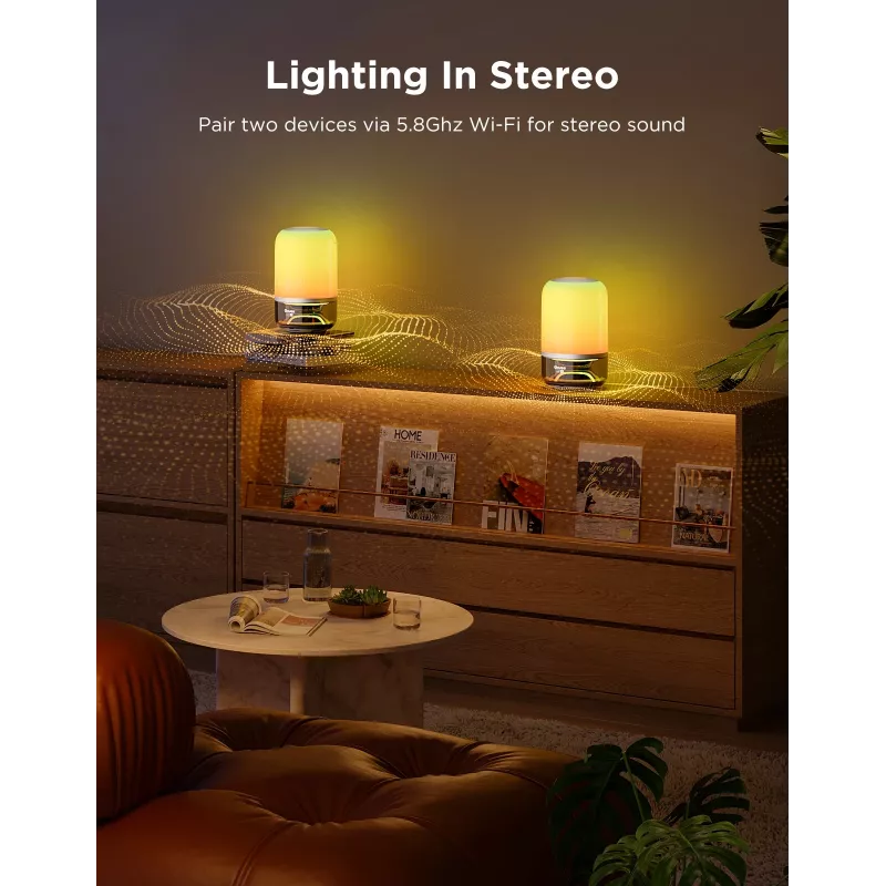 Stalinė lempa Govee H6020 Table Lamp 2 Pro Sound by JBL — RGBIC + šilta balta, 600 lm, Wi‑Fi ir Bluetooth, 5200 mAh