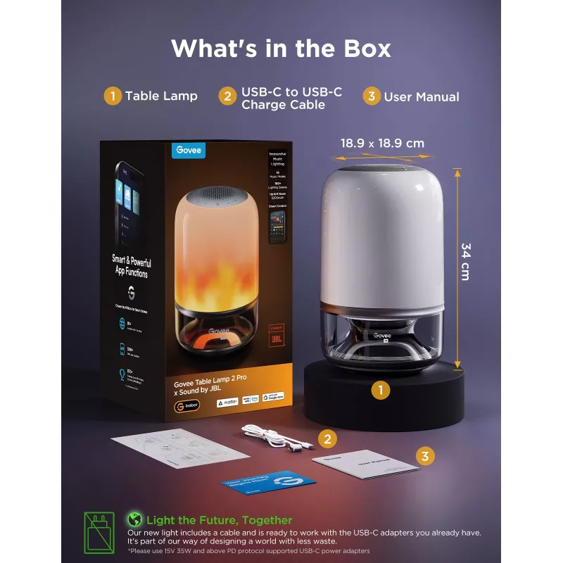 Stalinė lempa Govee H6020 Table Lamp 2 Pro Sound by JBL — RGBIC + šilta balta, 600 lm, Wi‑Fi ir Bluetooth, 5200 mAh