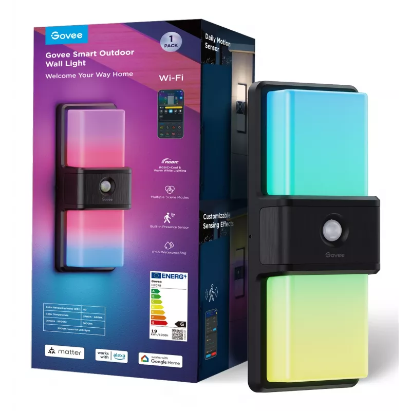 Išorinis sieninis šviestuvas Govee H7078CD1 išmanusis RGB spalvą keičiantis, Wi‑Fi / išmanusis valdymas