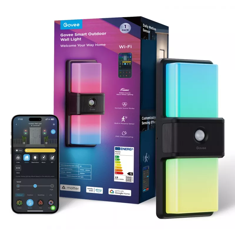 Išorinis sieninis šviestuvas Govee H7078CD1 išmanusis RGB spalvą keičiantis, Wi‑Fi / išmanusis valdymas