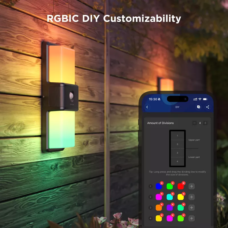 Išorinis sieninis šviestuvas Govee H7078CD1 išmanusis RGB spalvą keičiantis, Wi‑Fi / išmanusis valdymas