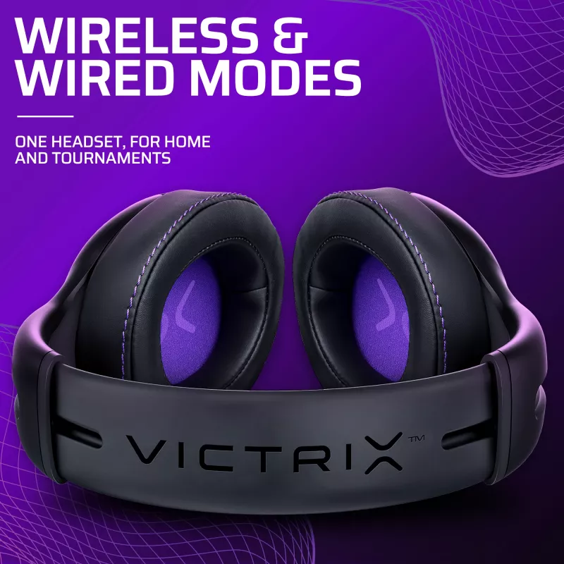 Ausinės VICTRIX Gambit Wireless — laidinis ir belaidis ryšys, 20–20000 Hz, 2 m kabelis, 301 g, juoda/violetinė