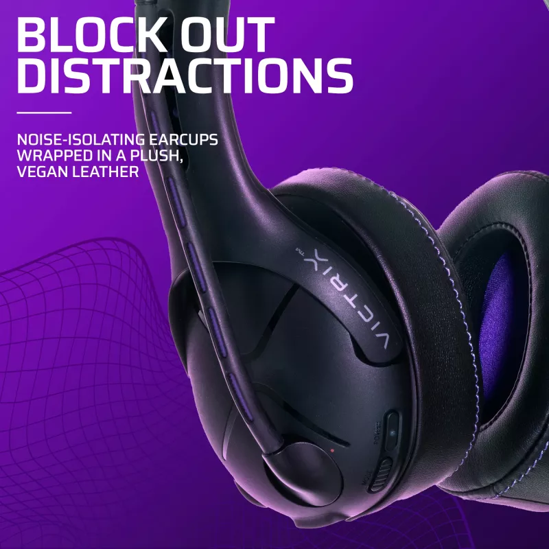 Ausinės VICTRIX Gambit Wireless — laidinis ir belaidis ryšys, 20–20000 Hz, 2 m kabelis, 301 g, juoda/violetinė
