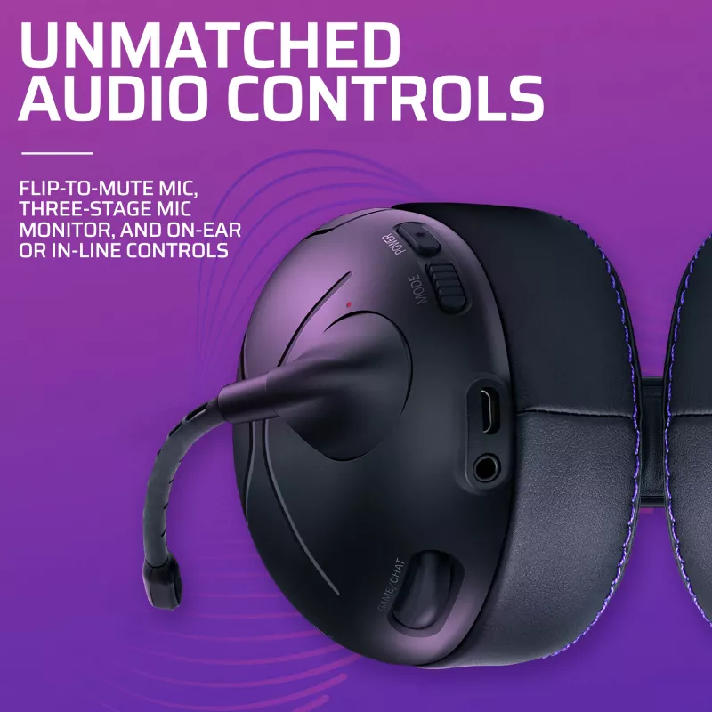 Ausinės VICTRIX Gambit Wireless — laidinis ir belaidis ryšys, 20–20000 Hz, 2 m kabelis, 301 g, juoda/violetinė