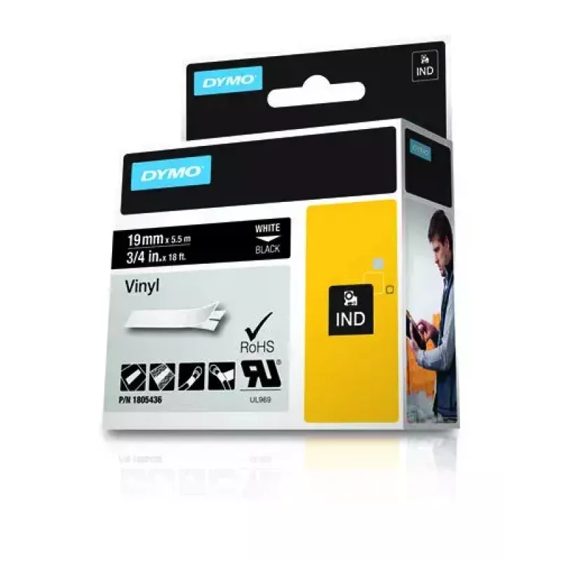 DYMO Rhino pramoninės vinilinės etiketės | 19 mm x 5,5 m | Balta spauda ant juodo | Lipnios | skirtos „LabelManager“ ir „Rhino“ etikečių spausdintuvams