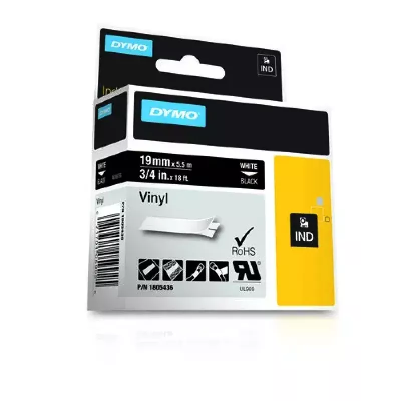 DYMO Rhino pramoninės vinilinės etiketės | 19 mm x 5,5 m | Balta spauda ant juodo | Lipnios | skirtos „LabelManager“ ir „Rhino“ etikečių spausdintuvams