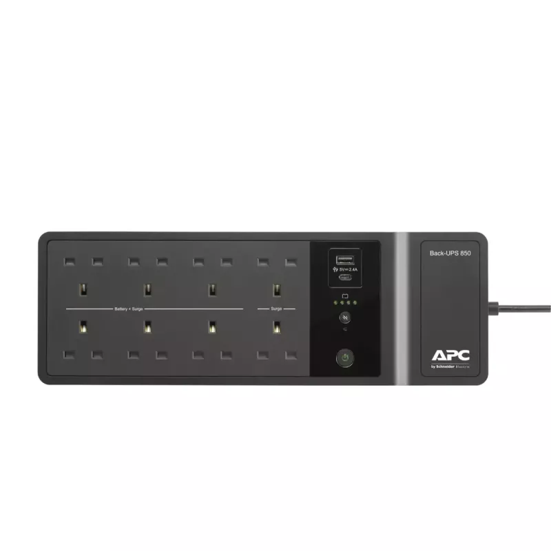APC Back-UPS BE850G2-UK - 8x BS 1363 lizdų, 850VA, 2 USB įkrovikliai, 1 USB duomenų prievadas