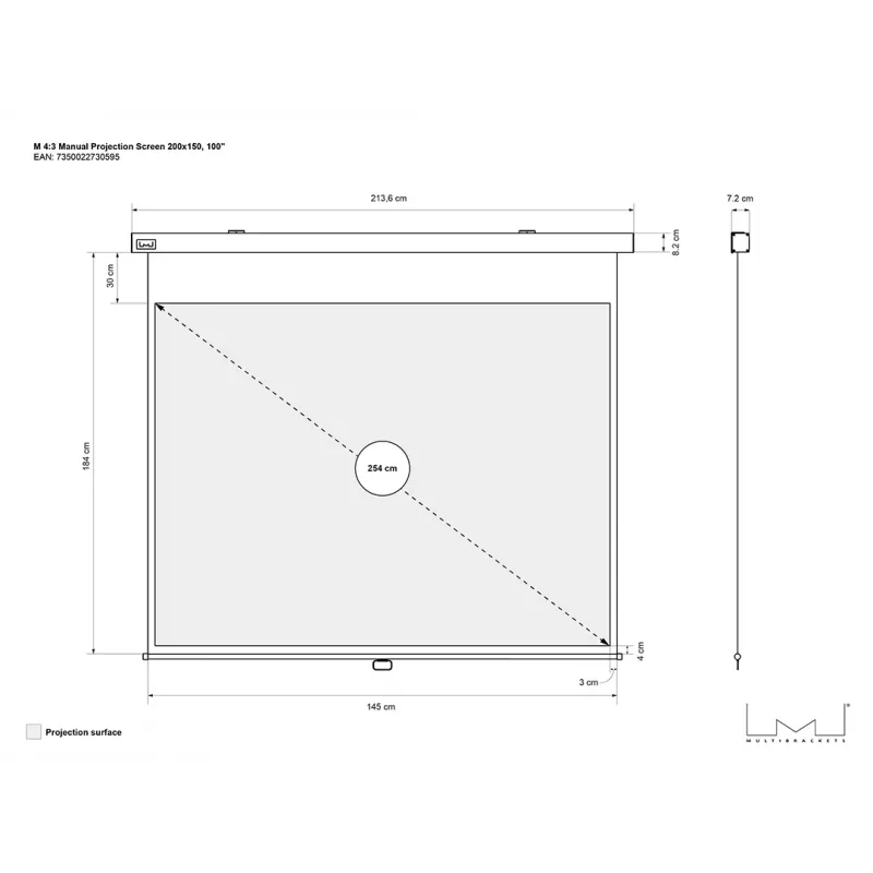 Multibrackets M rankinė projekcinė erdvė 4:3 200x150, 100 colių