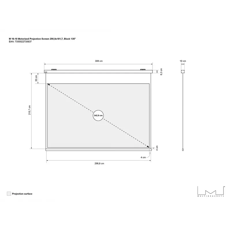Motorizuotas projekcijos ekranas MULTIBRACKETS M 16:10 135 coliai — matinio balto paviršiaus, matomas plotis 2,91 m, motorizuota pavara