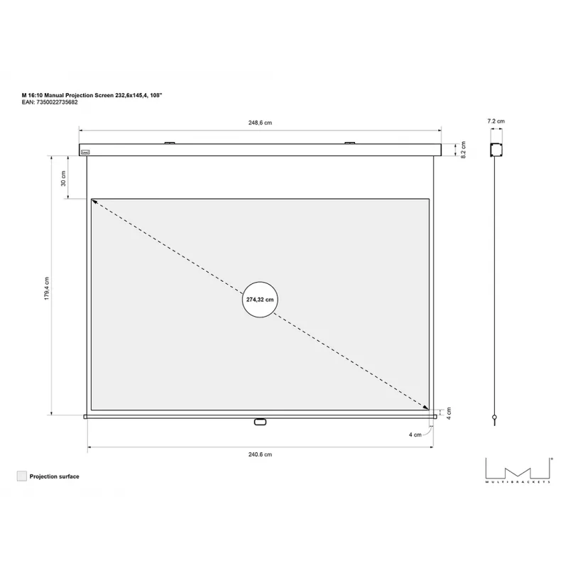 Multibrackets M 16:10 Rankinis Projekcinis Ekranas 232,6x145,4, 108 colių