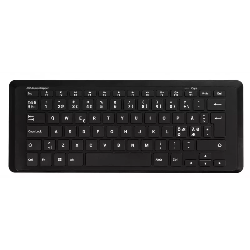 Belaidė klaviatūra pelėtrapper Type Mini QWERTY NORDIC — USB-C, belaidė RF, Bluetooth, juoda