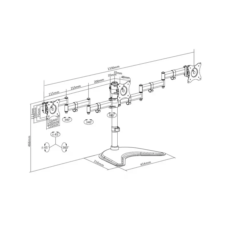 Monitoriaus stovo laikiklis MULTIBRACKETS M Deskstand Basic Triple — 3 krypčių, VESA 75x75–100x100, palaiko iki 24 kg, 15–27 colių ekranams, juodas