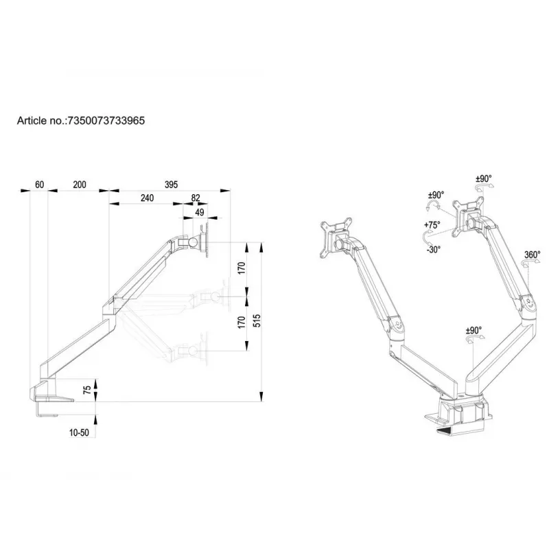 Multibrackets M VESA Gas Lift Arm Dual Side by Side Juoda Clamp 20 kg 15-32 inch