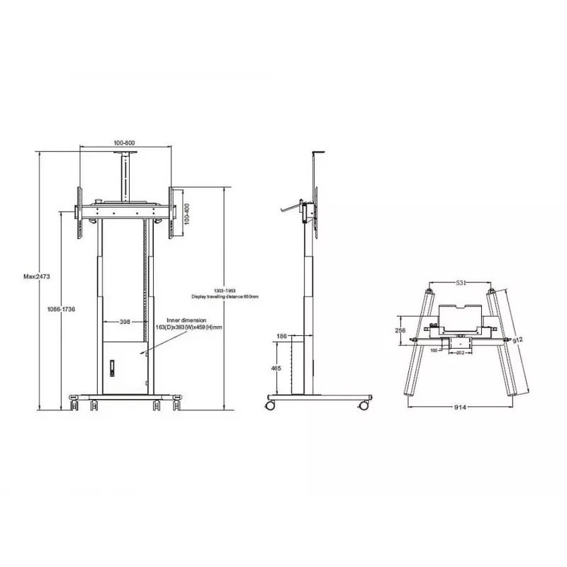 Multibrackets M Motorizuotas grindų stovas 120 kg juodas, su spintele ir kameros lentyna