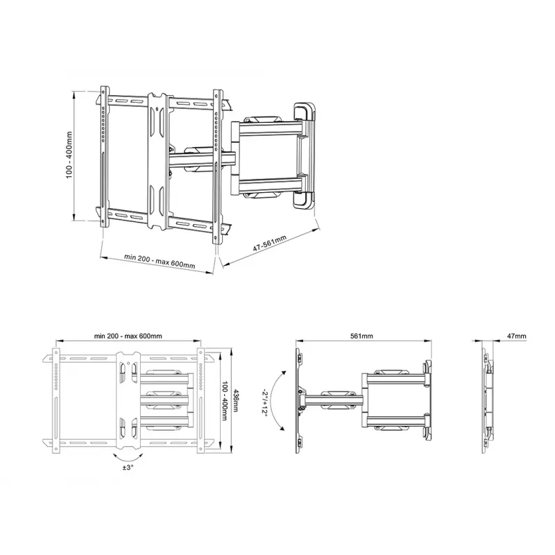 TV sieninis laikiklis Multibrackets M Universal Flexarm Pro Single Juoda — 40 kg, VESA 200x200–600x400, 40 col.–70 col.