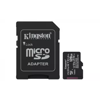 “MicroSDXC” atminties kortelė Kingston 128GB Industrial C10 A1 pSLC UHS-I, skaitymo greitis 100 MB/s, rašymo greitis 80 MB/s, V30/U3, juoda + SD adapteris