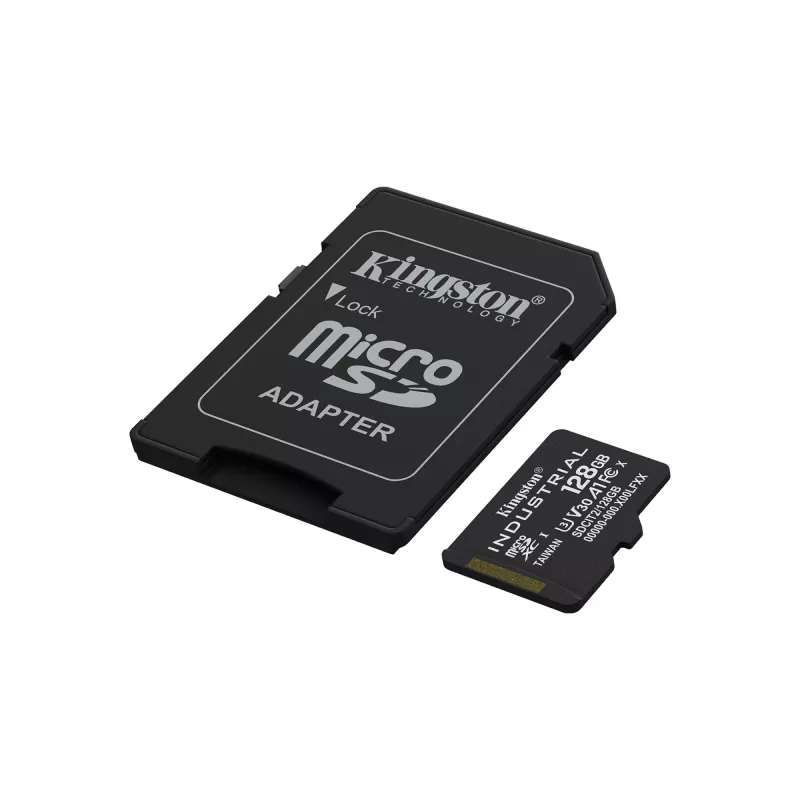 “MicroSDXC” atminties kortelė Kingston 128GB Industrial C10 A1 pSLC UHS-I, skaitymo greitis 100 MB/s, rašymo greitis 80 MB/s, V30/U3, juoda + SD adapteris