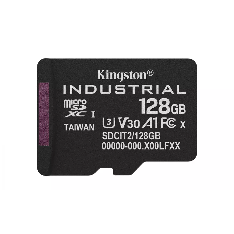 “MicroSDXC” atminties kortelė Kingston 128GB Industrial C10 A1 pSLC UHS-I, skaitymo greitis 100 MB/s, rašymo greitis 80 MB/s, V30/U3, juoda + SD adapteris