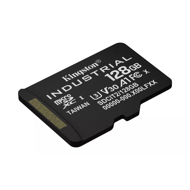 “MicroSDXC” atminties kortelė Kingston 128GB Industrial C10 A1 pSLC UHS-I, skaitymo greitis 100 MB/s, rašymo greitis 80 MB/s, V30/U3, juoda + SD adapteris