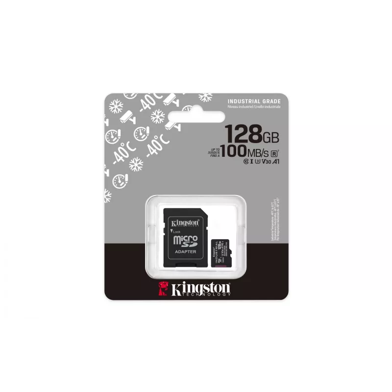 “MicroSDXC” atminties kortelė Kingston 128GB Industrial C10 A1 pSLC UHS-I, skaitymo greitis 100 MB/s, rašymo greitis 80 MB/s, V30/U3, juoda + SD adapteris