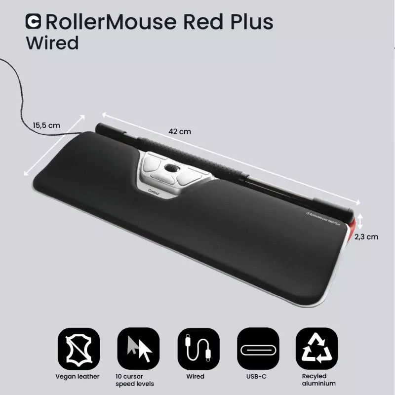 Contour Design Rollerpelė Red Plus, plonas klientas, laidinis – centrinis valdymo įrenginys – ergonominis – dešinei ir kairei rankai – laidinis – USB-C