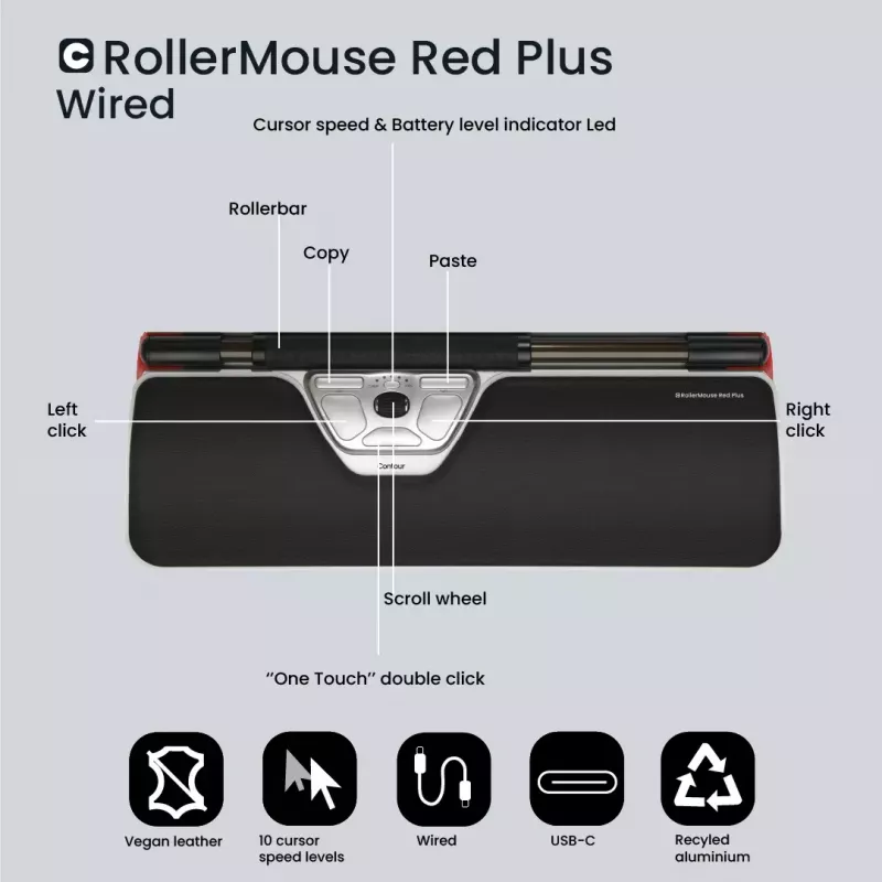 Contour Design Rollerpelė Red Plus, plonas klientas, laidinis – centrinis valdymo įrenginys – ergonominis – dešinei ir kairei rankai – laidinis – USB-C