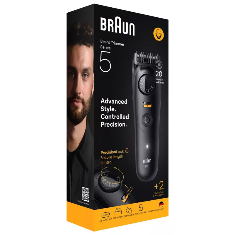 Braun BeardTrimmer 5 BT5500 barzdaskutė Baterija 20 2 cm Šlapiam ir sausam naudojimui Juoda