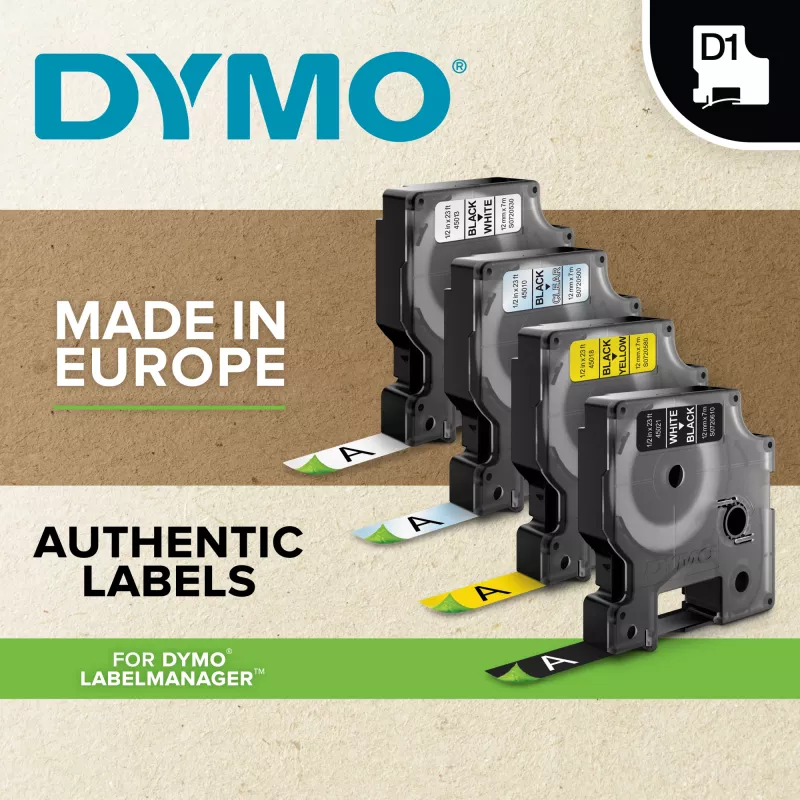 „DYMO“ Originalios D1 etiketės | Juodas spaudinys ant skaidrios juostelės | 12 mm x 7 m | Lipnios etiketės, skirtos „LabelManager“ etikečių gamybos įrenginiams | Pagaminta Europoje