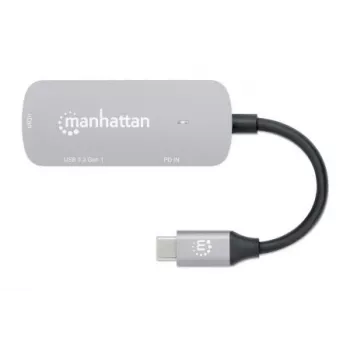 Manhattan USB-C Dock/Hub, Ports (x3): HDMI, USB-A and USB-C, su Power Delivery (PD) 100W- requires external USB-C charger (not included). USB powered (no external power supply required) when PD is not in use, Aluminium