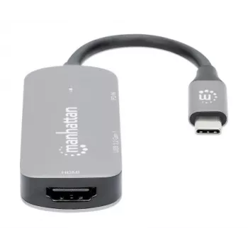 Manhattan USB-C Dock/Hub, Ports (x3): HDMI, USB-A and USB-C, su Power Delivery (PD) 100W- requires external USB-C charger (not included). USB powered (no external power supply required) when PD is not in use, Aluminium