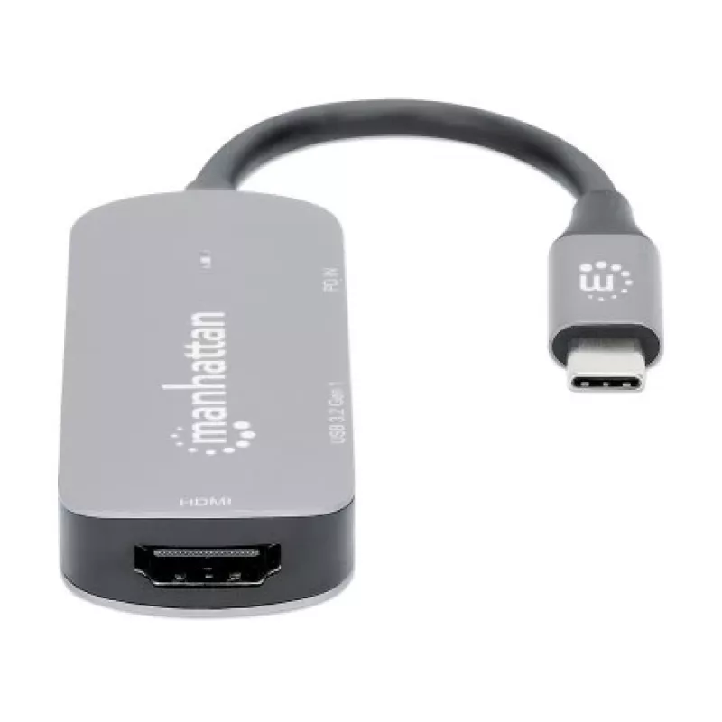 Manhattan USB-C Dock/Hub, Ports (x3): HDMI, USB-A and USB-C, su Power Delivery (PD) 100W- requires external USB-C charger (not included). USB powered (no external power supply required) when PD is not in use, Aluminium