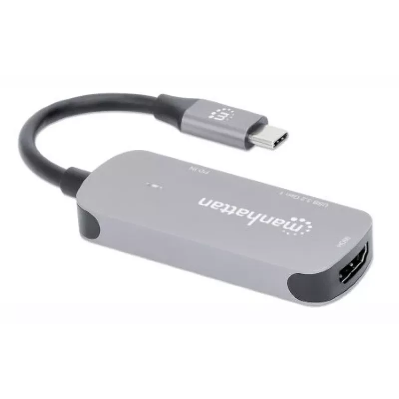 Manhattan USB-C Dock/Hub, Ports (x3): HDMI, USB-A and USB-C, su Power Delivery (PD) 100W- requires external USB-C charger (not included). USB powered (no external power supply required) when PD is not in use, Aluminium