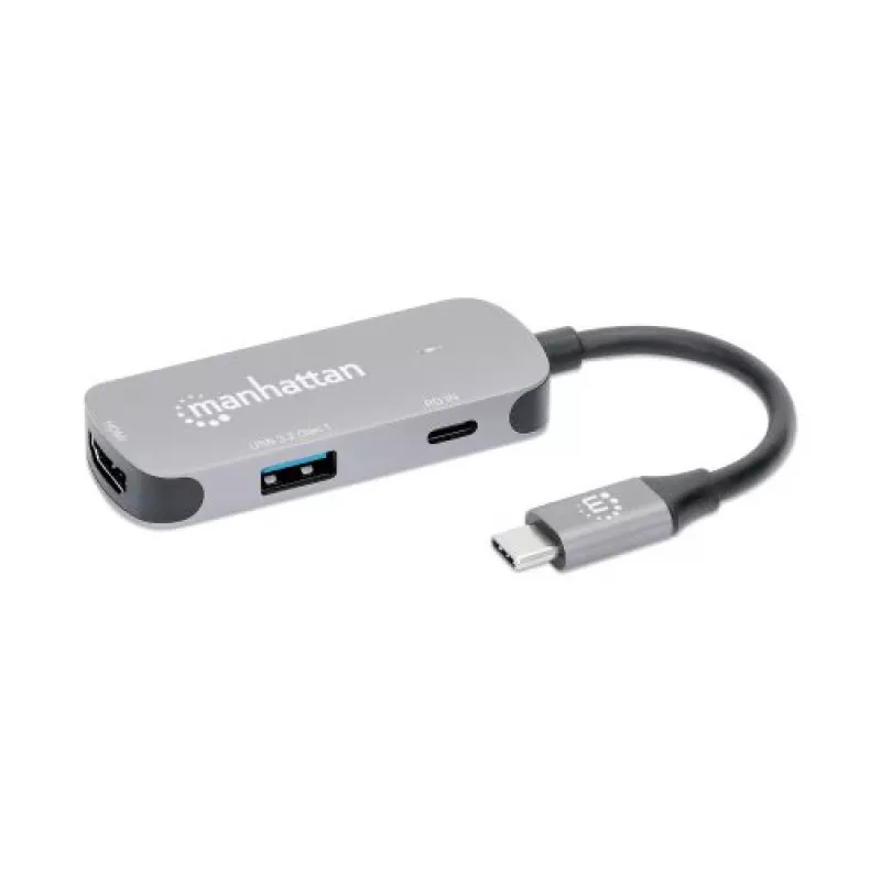 Manhattan USB-C Dock/Hub, Ports (x3): HDMI, USB-A and USB-C, su Power Delivery (PD) 100W- requires external USB-C charger (not included). USB powered (no external power supply required) when PD is not in use, Aluminium