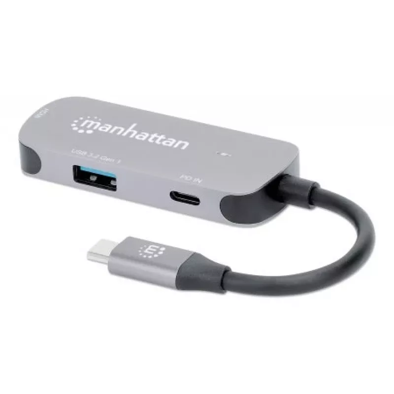 Manhattan USB-C Dock/Hub, Ports (x3): HDMI, USB-A and USB-C, su Power Delivery (PD) 100W- requires external USB-C charger (not included). USB powered (no external power supply required) when PD is not in use, Aluminium