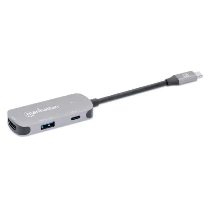 Manhattan USB-C Dock/Hub, Ports (x3): HDMI, USB-A and USB-C, su Power Delivery (PD) 100W- requires external USB-C charger (not included). USB powered (no external power supply required) when PD is not in use, Aluminium