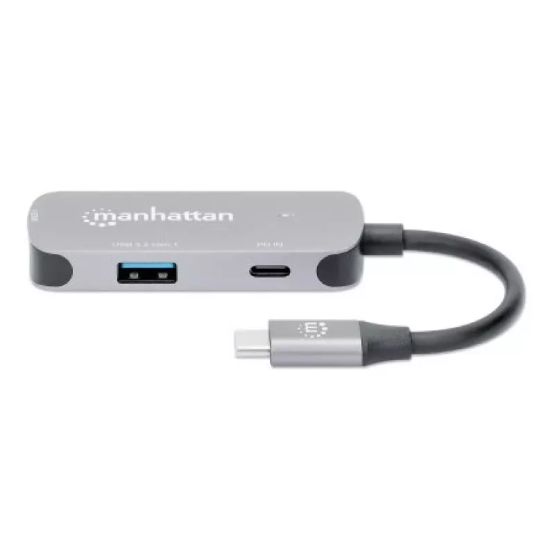 Manhattan USB-C Dock/Hub, Ports (x3): HDMI, USB-A and USB-C, su Power Delivery (PD) 100W- requires external USB-C charger (not included). USB powered (no external power supply required) when PD is not in use, Aluminium