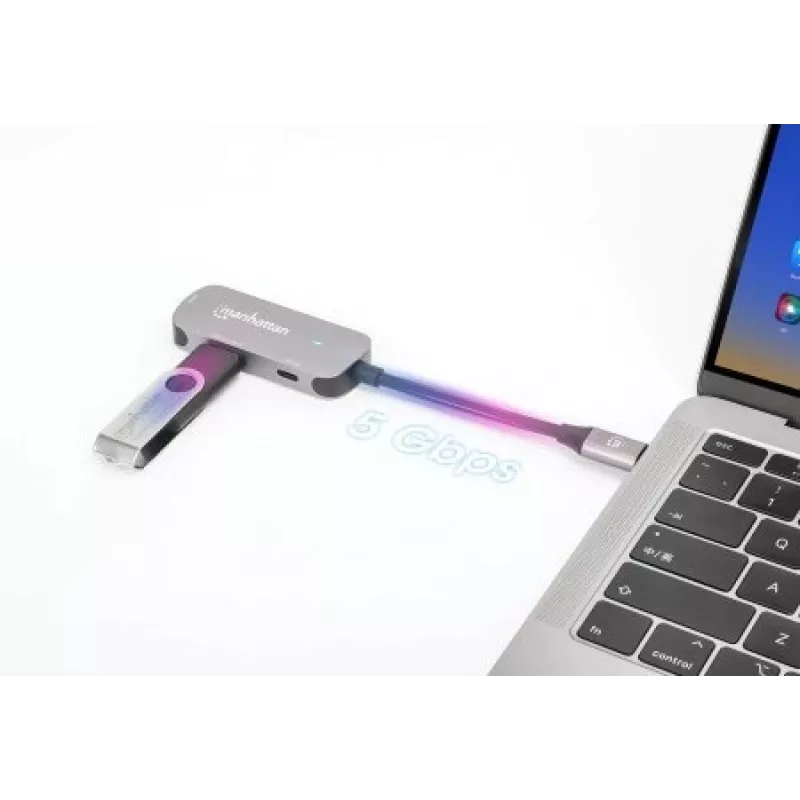 Manhattan USB-C Dock/Hub, Ports (x3): HDMI, USB-A and USB-C, su Power Delivery (PD) 100W- requires external USB-C charger (not included). USB powered (no external power supply required) when PD is not in use, Aluminium