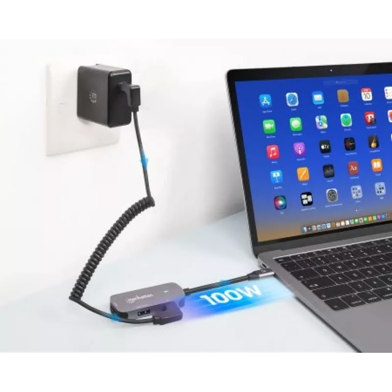 Manhattan USB-C Dock/Hub, Ports (x3): HDMI, USB-A and USB-C, su Power Delivery (PD) 100W- requires external USB-C charger (not included). USB powered (no external power supply required) when PD is not in use, Aluminium