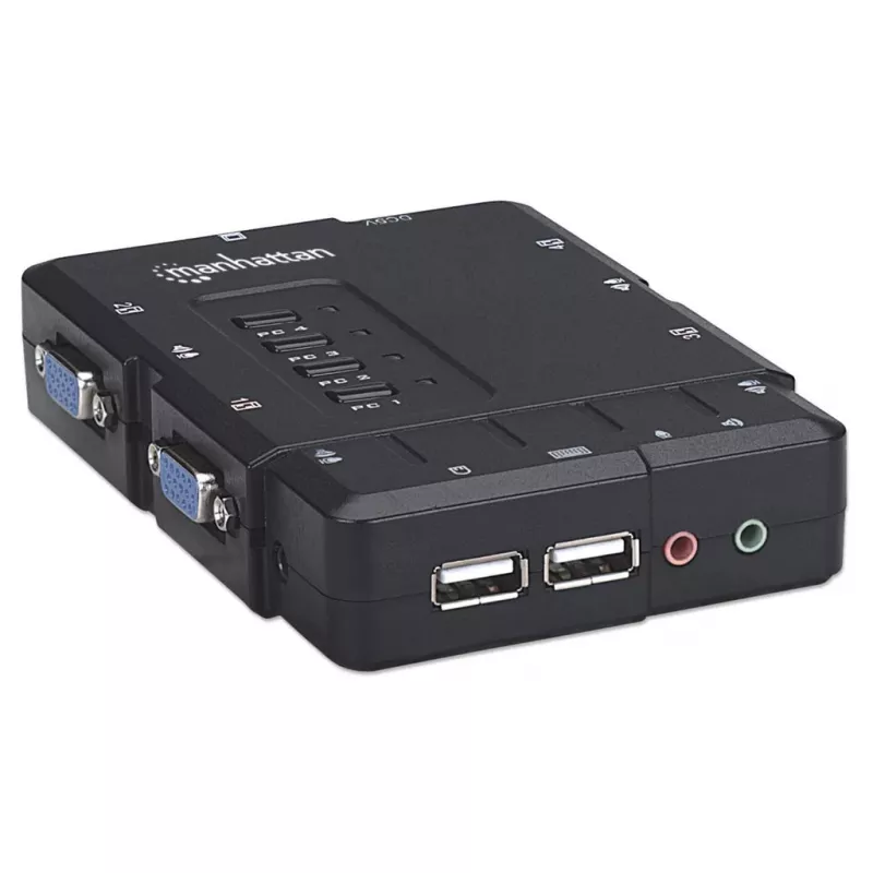 Manhattan KVM Switch Compact 4-Port, 4x USB-A, Cables included, Audio Support, Control 4x computers from one pc/pelė/screen, Juoda, Lifetime Warranty, Boxed