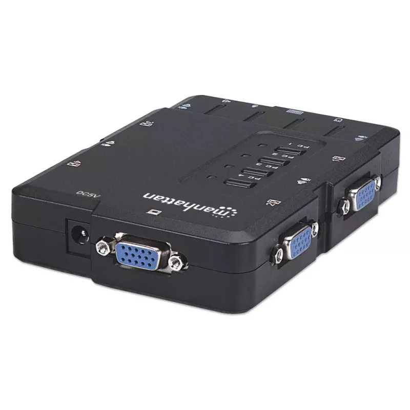 Manhattan KVM Switch Compact 4-Port, 4x USB-A, Cables included, Audio Support, Control 4x computers from one pc/pelė/screen, Juoda, Lifetime Warranty, Boxed
