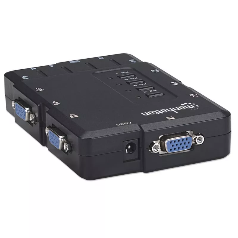 Manhattan KVM Switch Compact 4-Port, 4x USB-A, Cables included, Audio Support, Control 4x computers from one pc/pelė/screen, Juoda, Lifetime Warranty, Boxed