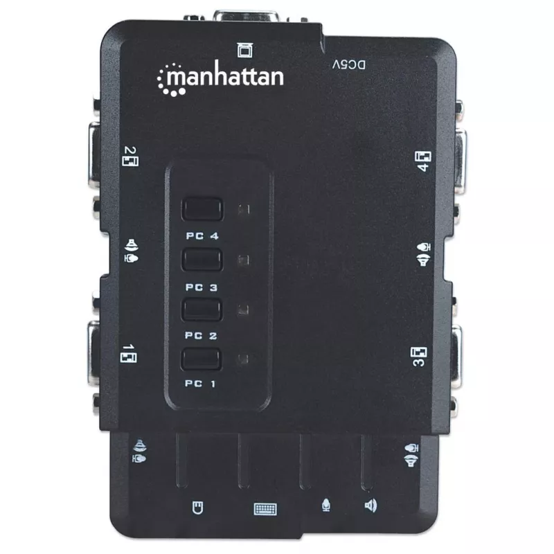 Manhattan KVM Switch Compact 4-Port, 4x USB-A, Cables included, Audio Support, Control 4x computers from one pc/pelė/screen, Juoda, Lifetime Warranty, Boxed