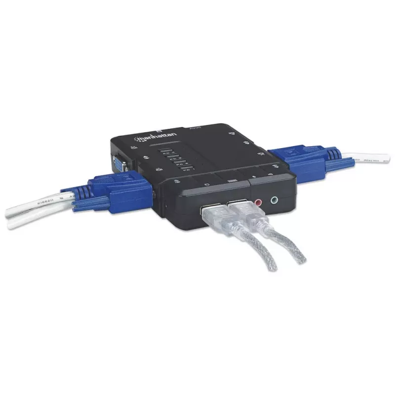 Manhattan KVM Switch Compact 4-Port, 4x USB-A, Cables included, Audio Support, Control 4x computers from one pc/pelė/screen, Juoda, Lifetime Warranty, Boxed
