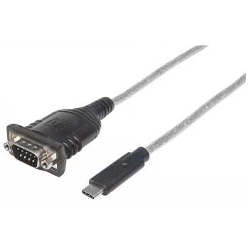 Manhattan USB-C į nuosekliąją jungtį keitiklis, kištukas–kištukas, USB-C į nuoseklųjį/RS232/COM/DB9 prievadą, Prolific PL-2303RA lustas, kabelis 45 cm, sidabrinė/juoda, polietileninis maišelis