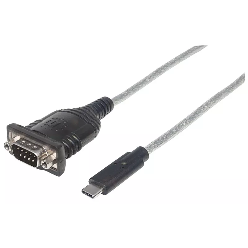 Manhattan USB-C į nuosekliąją jungtį keitiklis, kištukas–kištukas, USB-C į nuoseklųjį/RS232/COM/DB9 prievadą, Prolific PL-2303RA lustas, kabelis 45 cm, sidabrinė/juoda, polietileninis maišelis