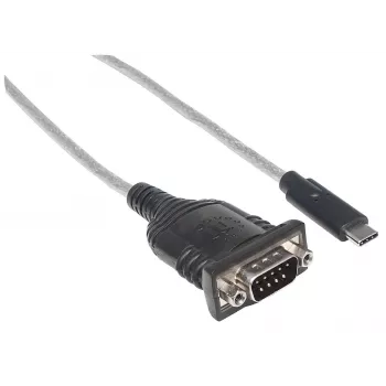 Manhattan USB-C į nuosekliąją jungtį keitiklis, kištukas–kištukas, USB-C į nuoseklųjį/RS232/COM/DB9 prievadą, Prolific PL-2303RA lustas, kabelis 45 cm, sidabrinė/juoda, polietileninis maišelis